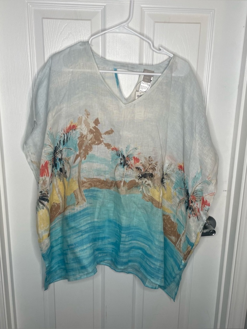 Chico's 100% Linen Beachy Tropical Poncho Beach Coastal Vacation Colorful L/XL